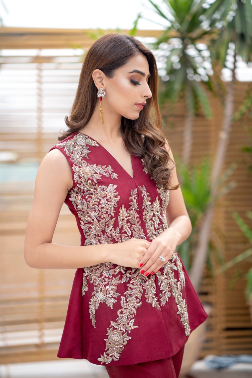 Pakistani Maroon Zari Embroidered Raw Silk Peplum Jacket (2-Piece) - Image 4