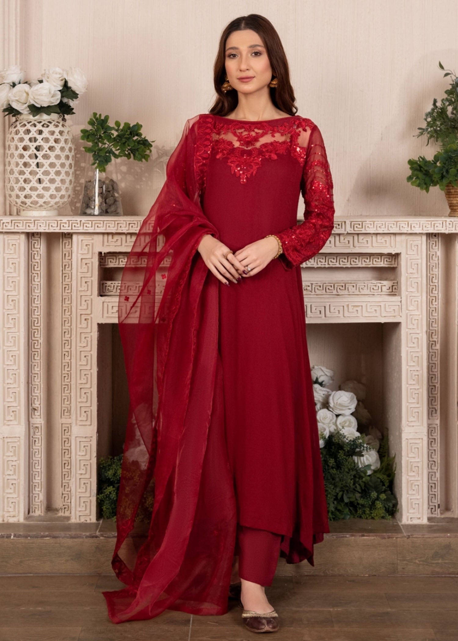 Maroon Embroidered Chiffon Pishwas Dress (3-Piece) - Image 1