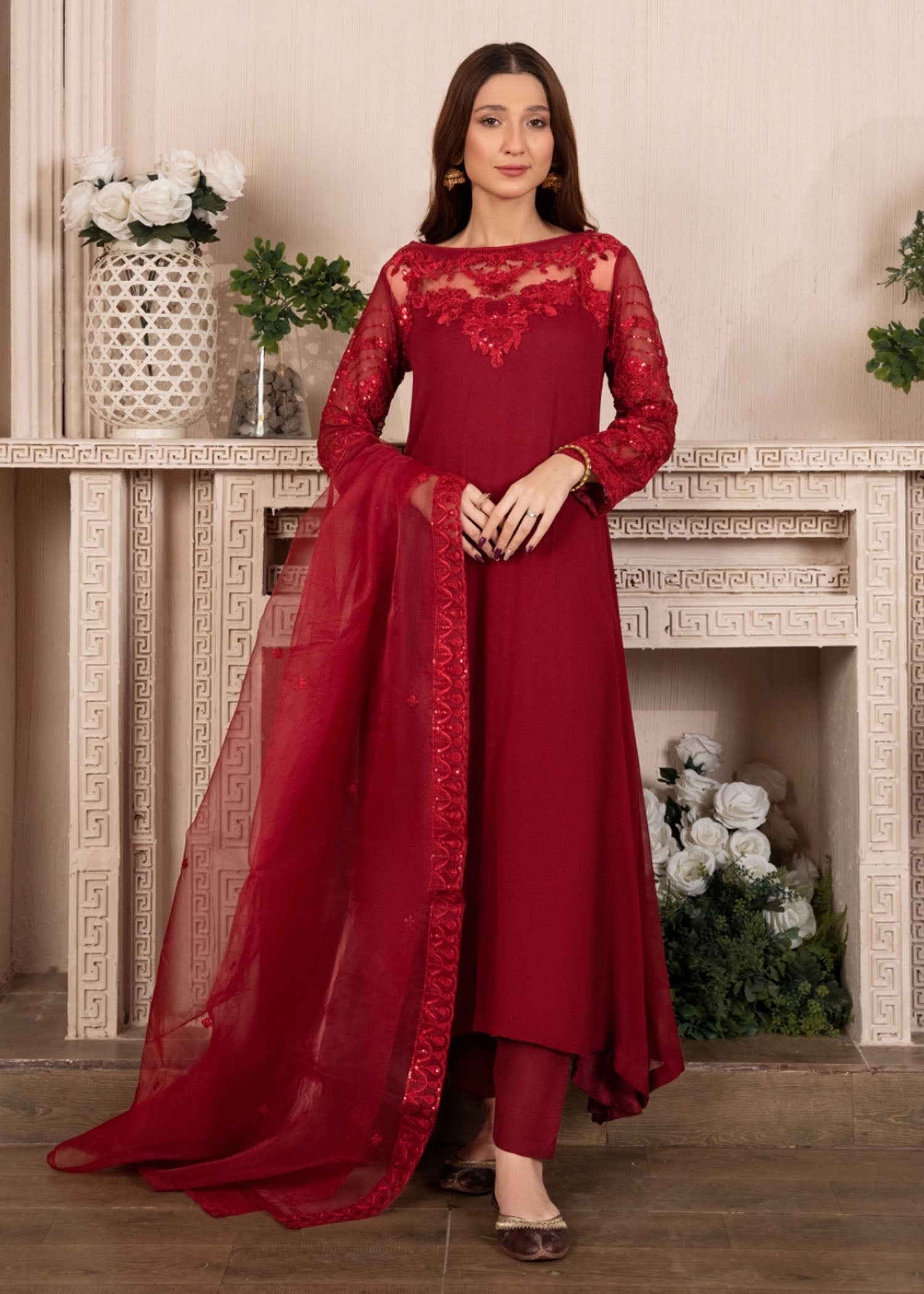 Maroon Embroidered Chiffon Pishwas Dress (3-Piece) - Image 2