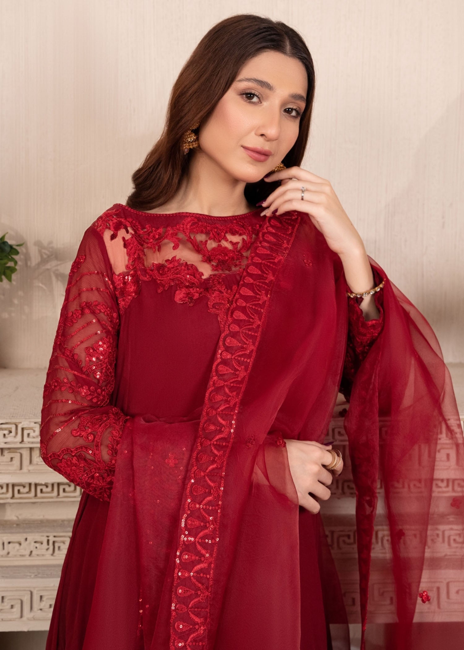 Maroon Embroidered Chiffon Pishwas Dress (3-Piece) - Image 3