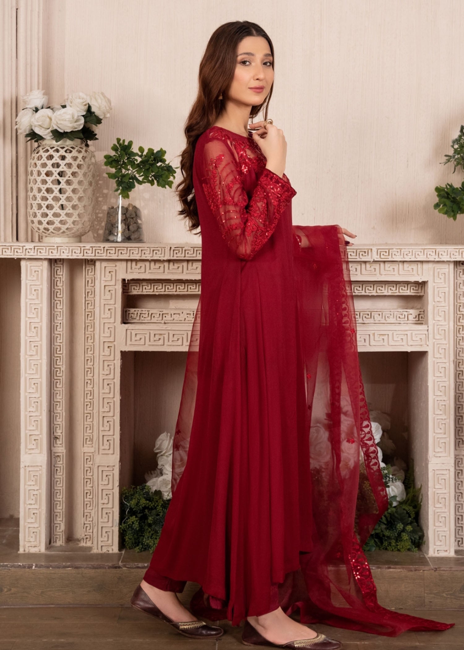 Maroon Embroidered Chiffon Pishwas Dress (3-Piece) - Image 4