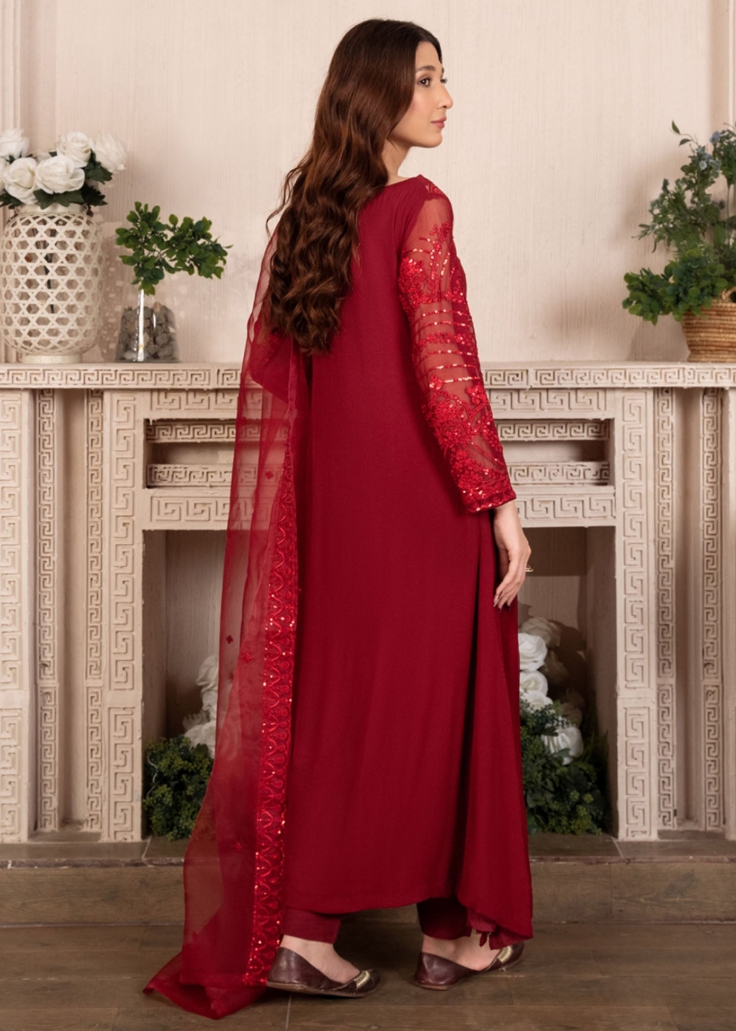 Maroon Embroidered Chiffon Pishwas Dress (3-Piece) - Image 5