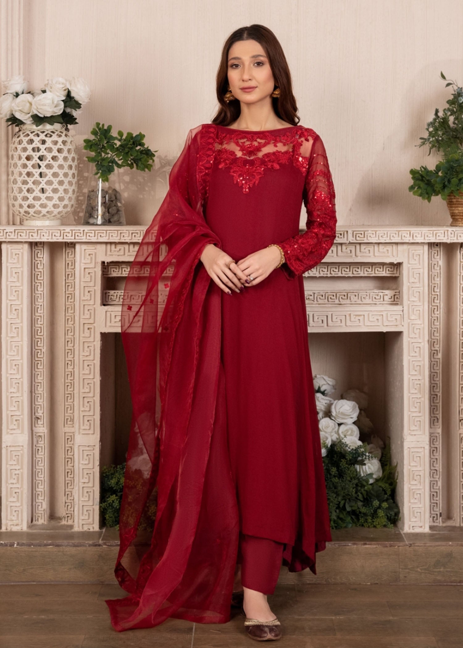 Maroon Embroidered Chiffon Pishwas Dress (3-Piece) - Image 6