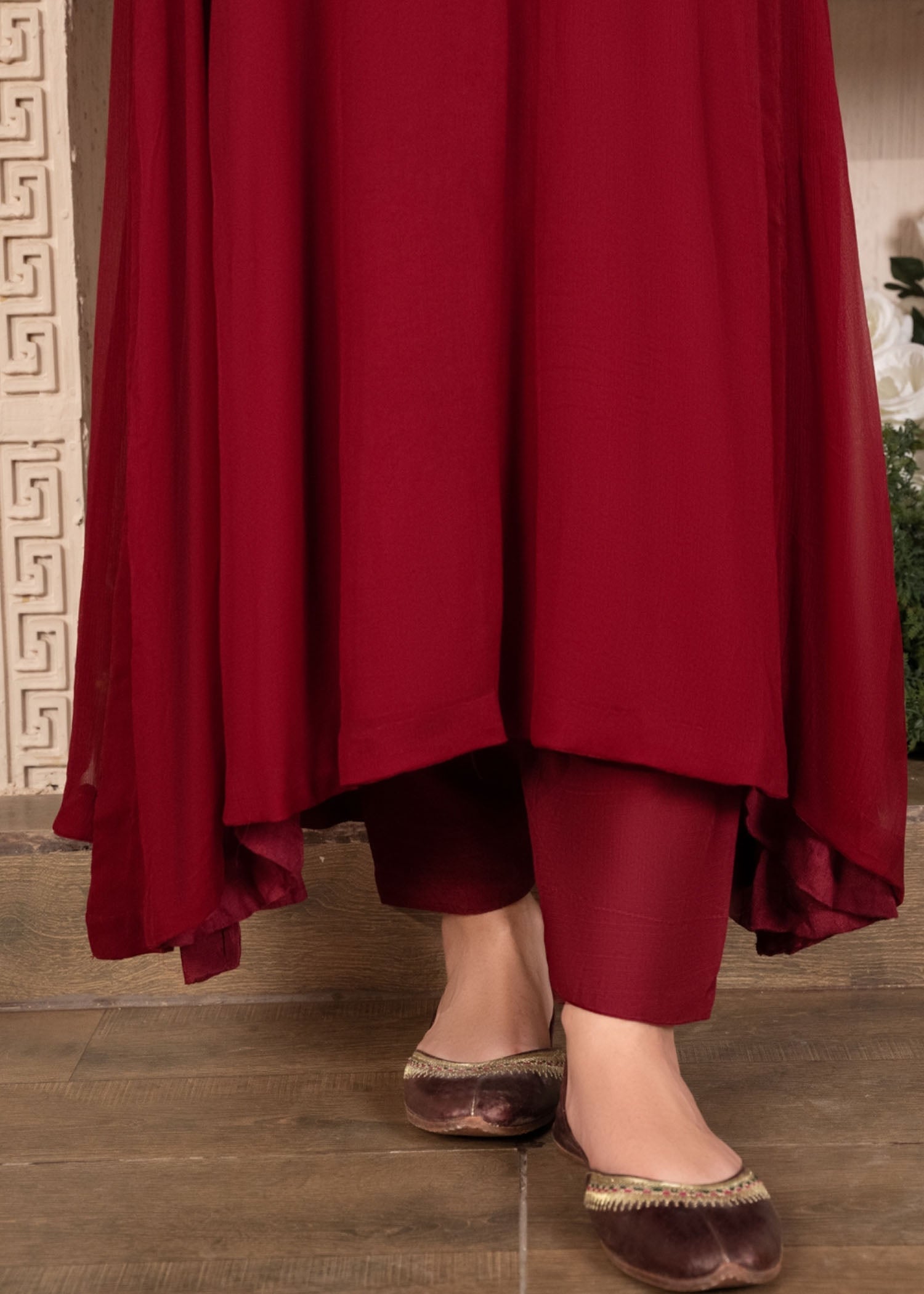 Maroon Embroidered Chiffon Pishwas Dress (3-Piece) - Image 8