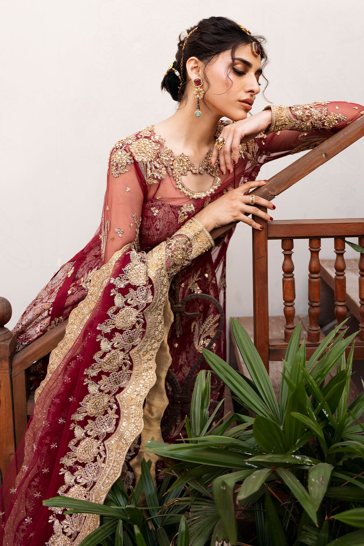 Pakistani Deep Maroon Zardozi Net & Jamawar Pishwas (2-Piece) - Image 5