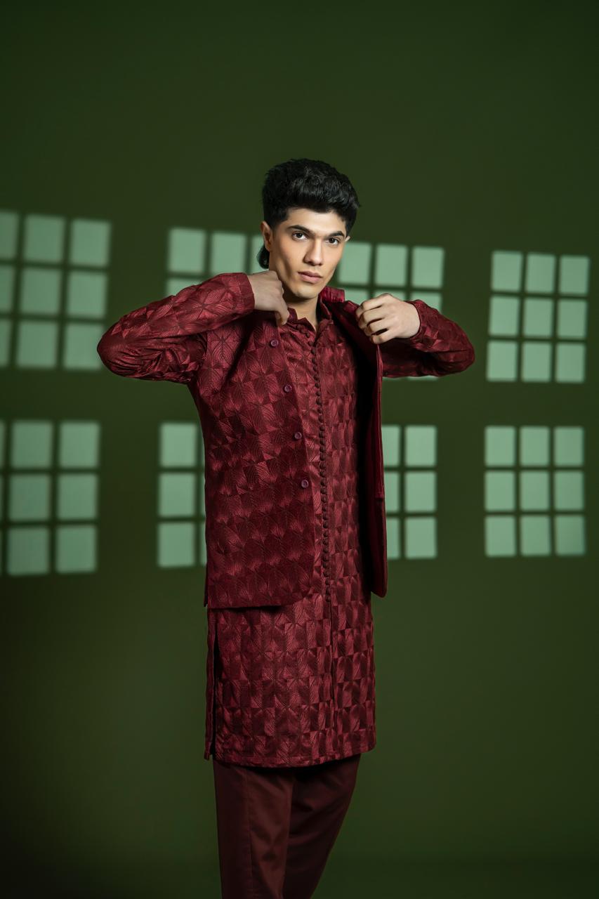 Deep Maroon Jacquard Prince Coat Set (3-Piece) - Image 2