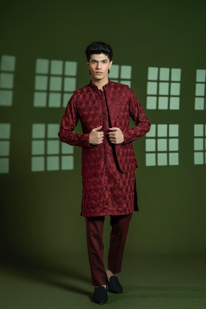 Deep Maroon Jacquard Prince Coat 3-Piece Set - Image 4