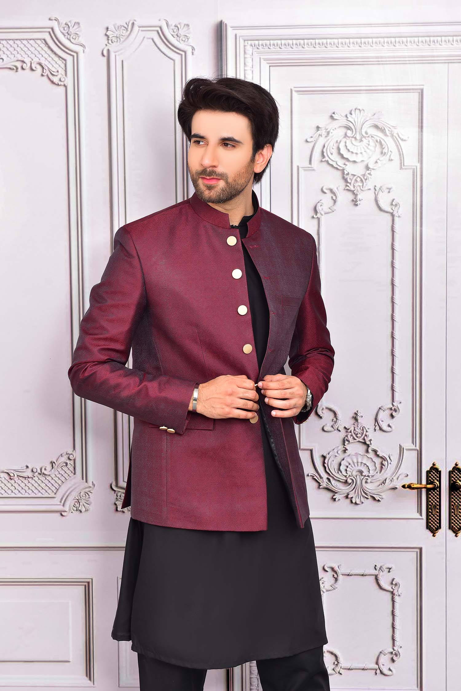 Maroon Woven Jamawar Prince Coat (1-Pc) - Image 2