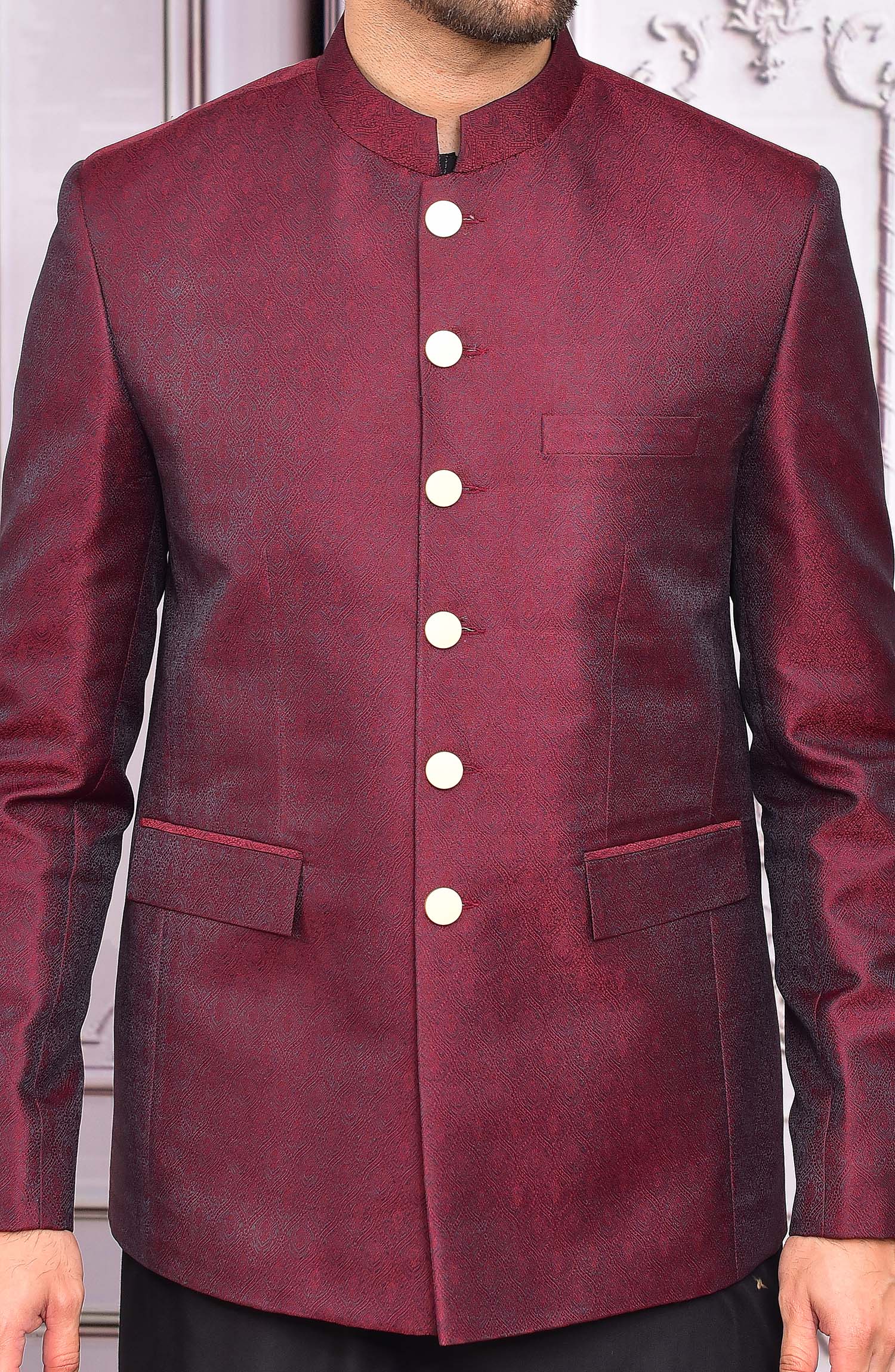 Maroon Woven Jamawar Prince Coat (1-Pc) - Image 3