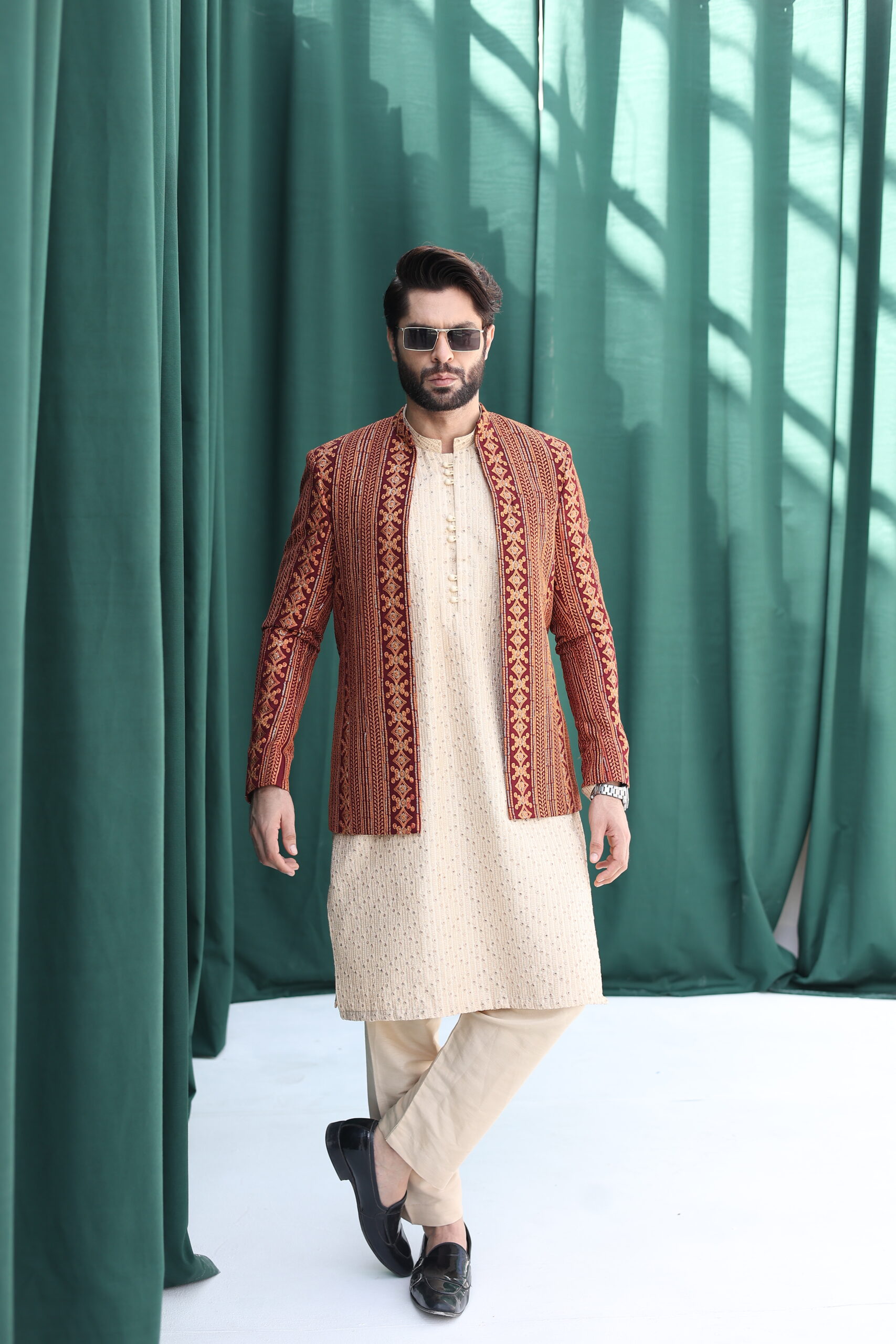 Maroon Embroidered Raw Silk Prince Coat (3-Piece) - Image 1