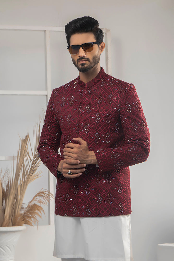 Deep Maroon Geometric Embroidered Suiting Prince Coat (3-Piece) - Image 1