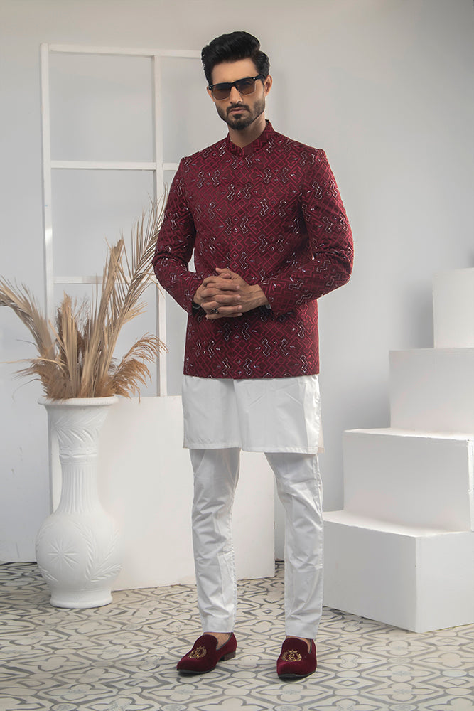 Deep Maroon Geometric Embroidered Suiting Prince Coat (3-Piece) - Image 3