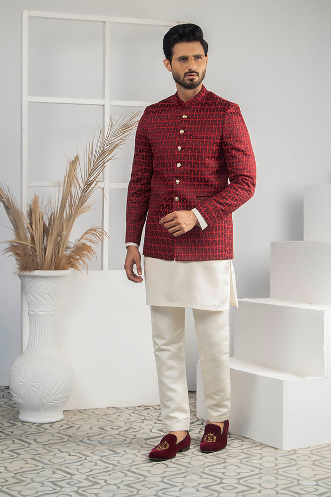 Maroon Textured Woven Prince Coat (3-Piece) - Image 1