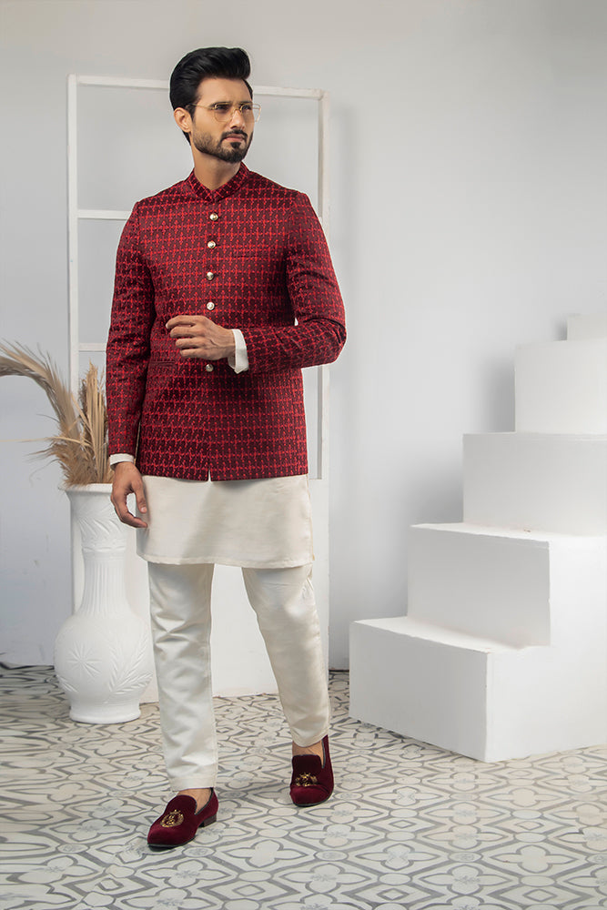 Maroon Textured Woven Prince Coat (3-Piece) - Image 2