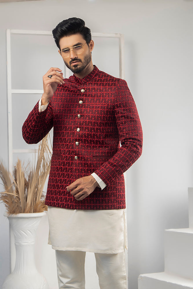 Maroon Textured Woven Prince Coat (3-Piece) - Image 3