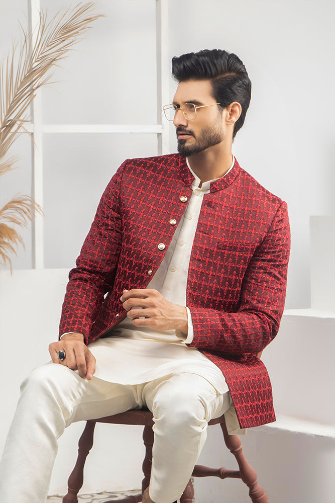 Maroon Textured Woven Prince Coat (3-Piece) - Image 4