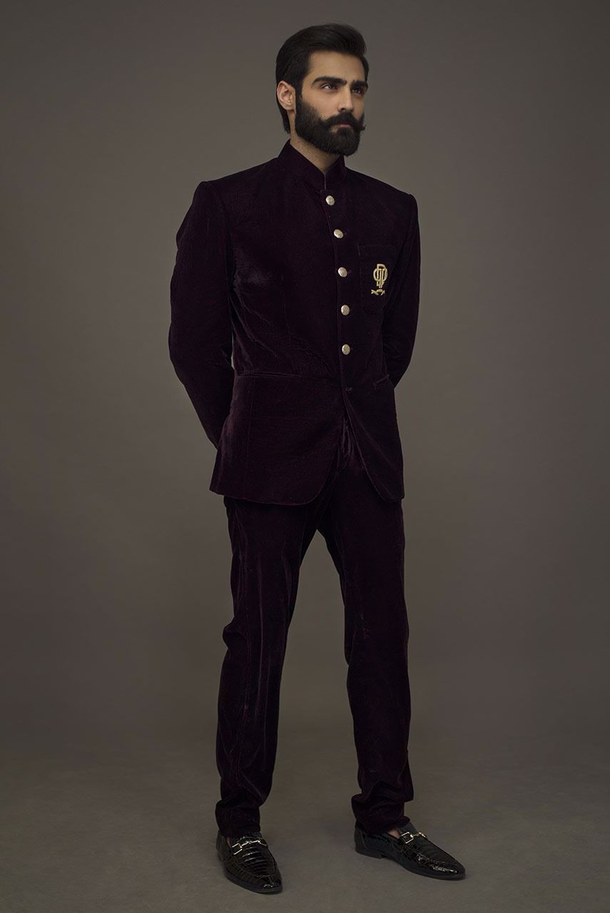 Maroon Velvet Prince Coat with Trousers (2-Piece) - Image 1