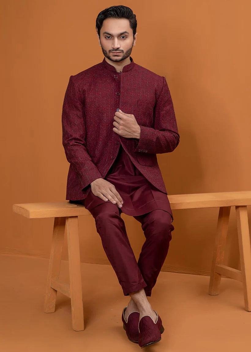 Maroon Embroidered Wash & Wear Prince Coat (3-Piece) - Image 2