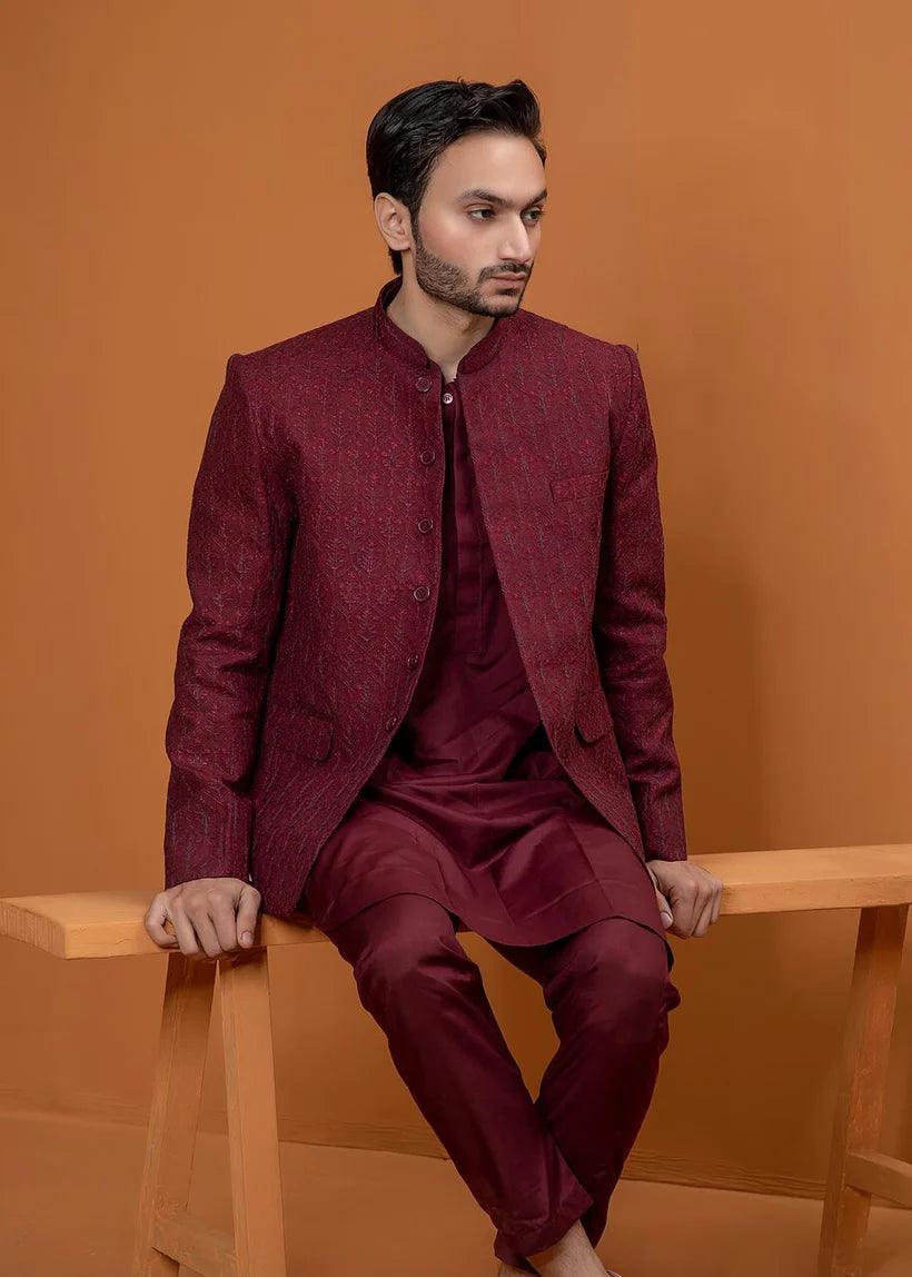 Maroon Embroidered Wash & Wear Prince Coat (3-Piece) - Image 3