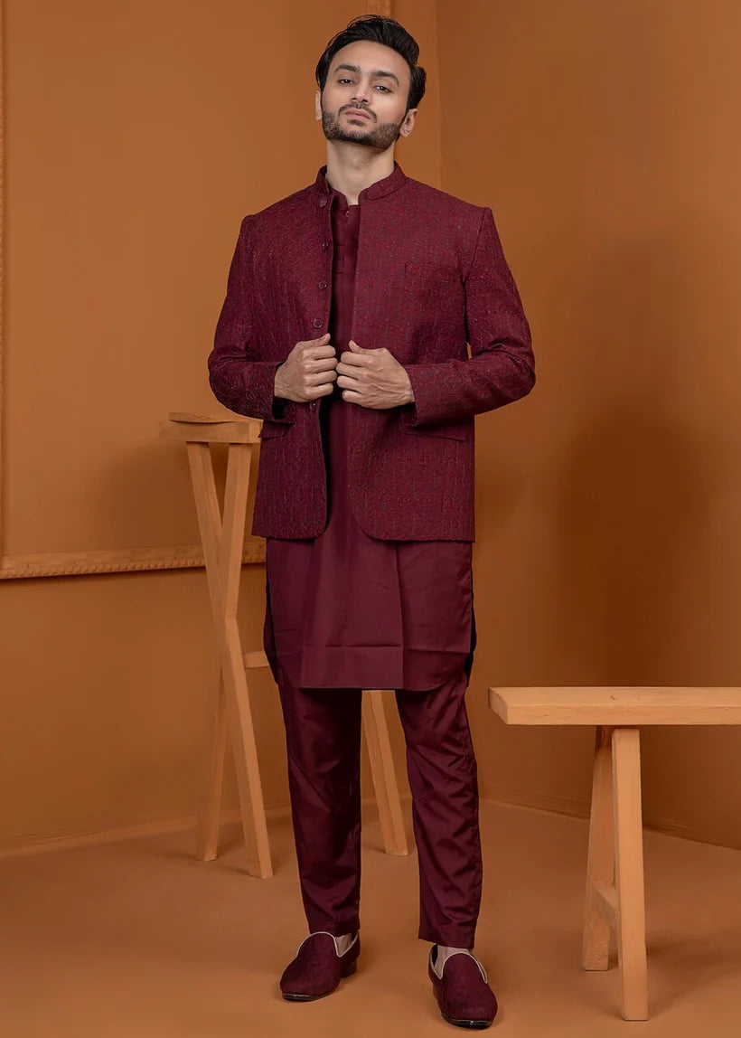 Maroon Embroidered Wash & Wear Prince Coat (3-Piece) - Image 4