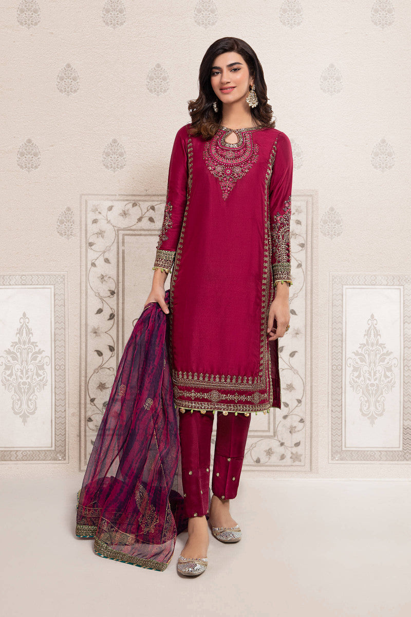 Pakistani Maroon Embroidered Bamber Raw Silk 3-Piece Suit - Image 2