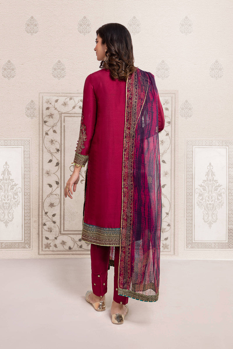 Pakistani Maroon Embroidered Bamber Raw Silk 3-Piece Suit - Image 4