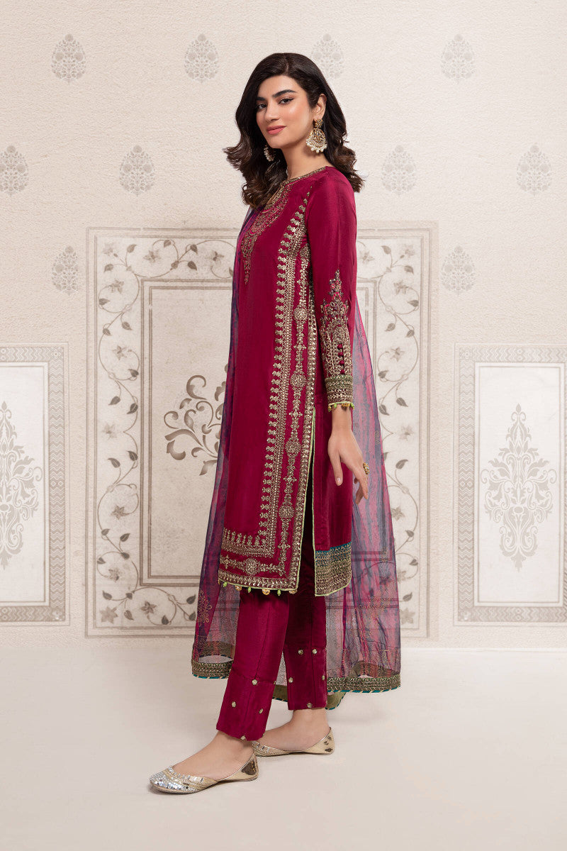 Pakistani Maroon Embroidered Bamber Raw Silk 3-Piece Suit - Image 5