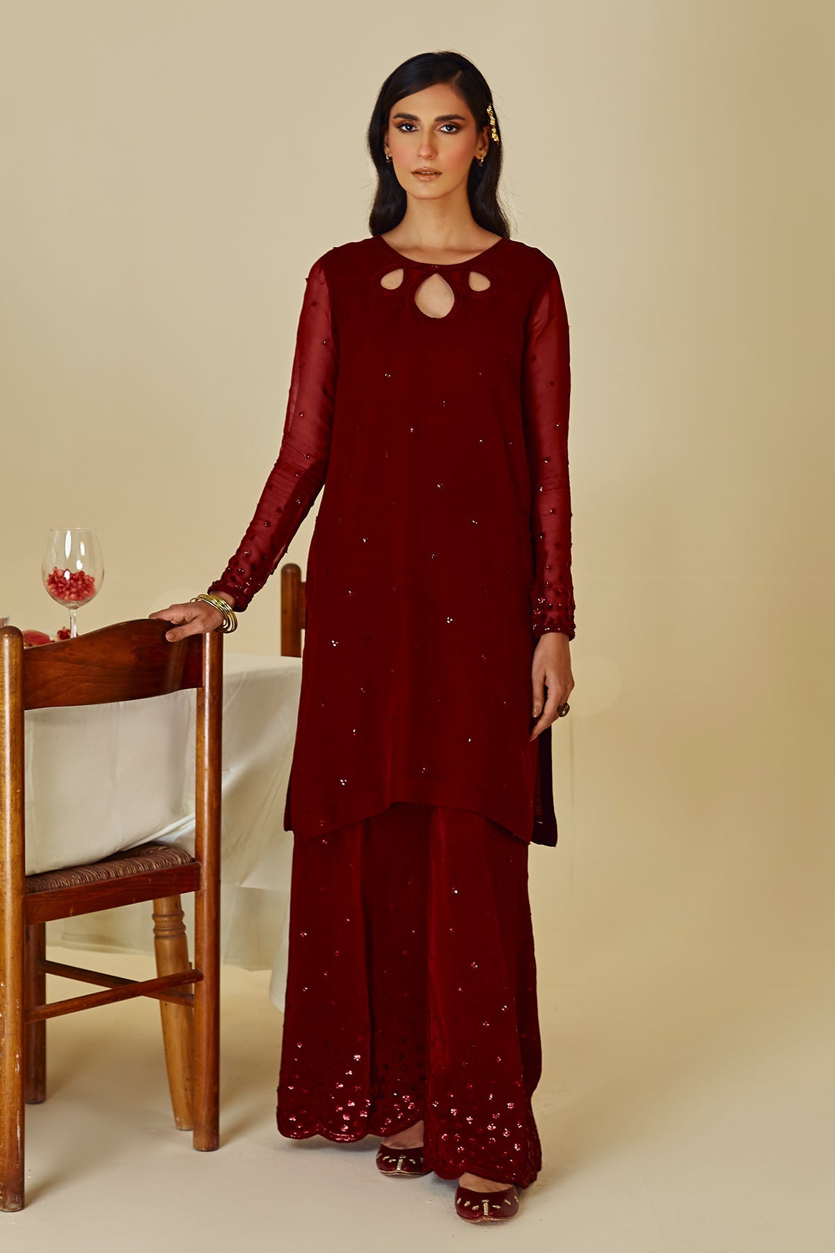 Pakistani Maroon Embroidered Chiffon Shirt with Silk Trouser (3-Piece) - Image 1