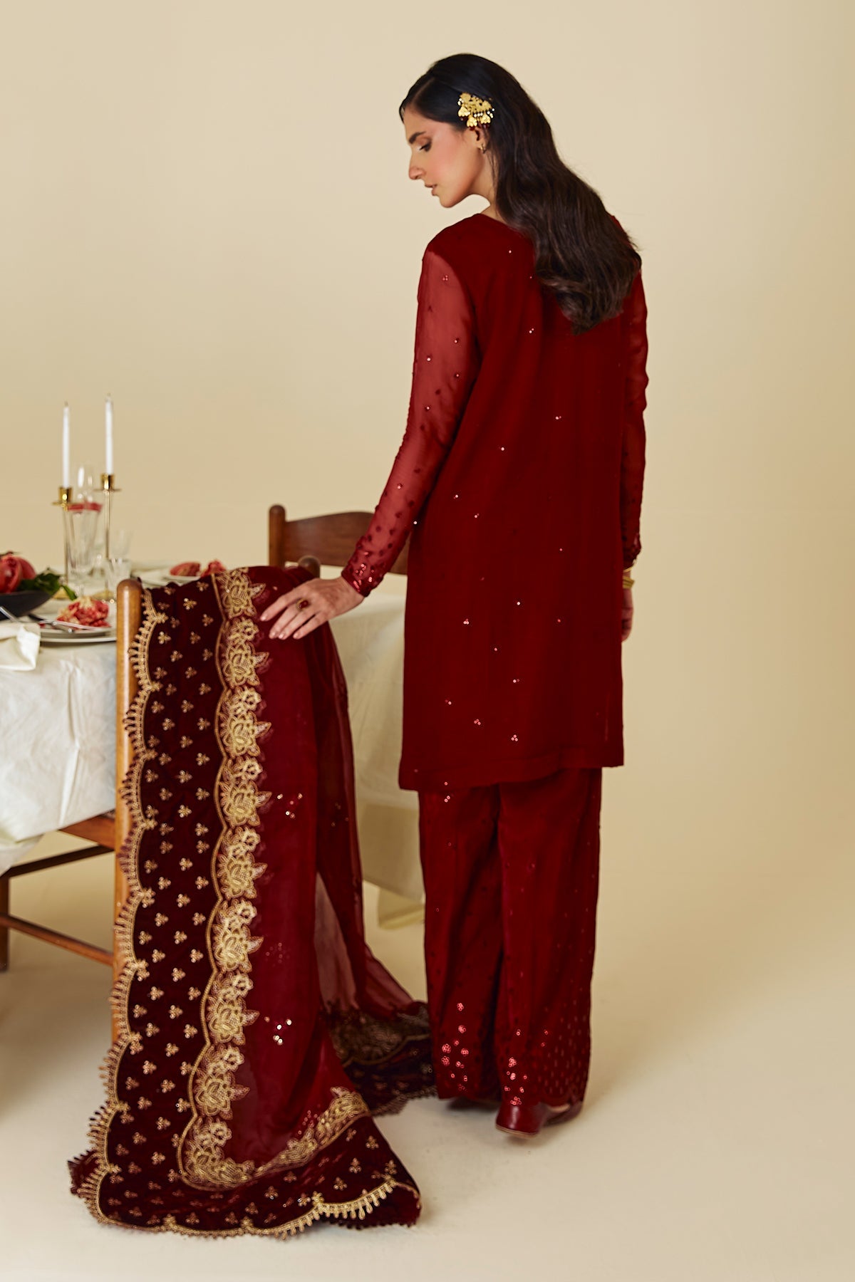 Pakistani Maroon Embroidered Chiffon Shirt with Silk Trouser (3-Piece) - Image 2