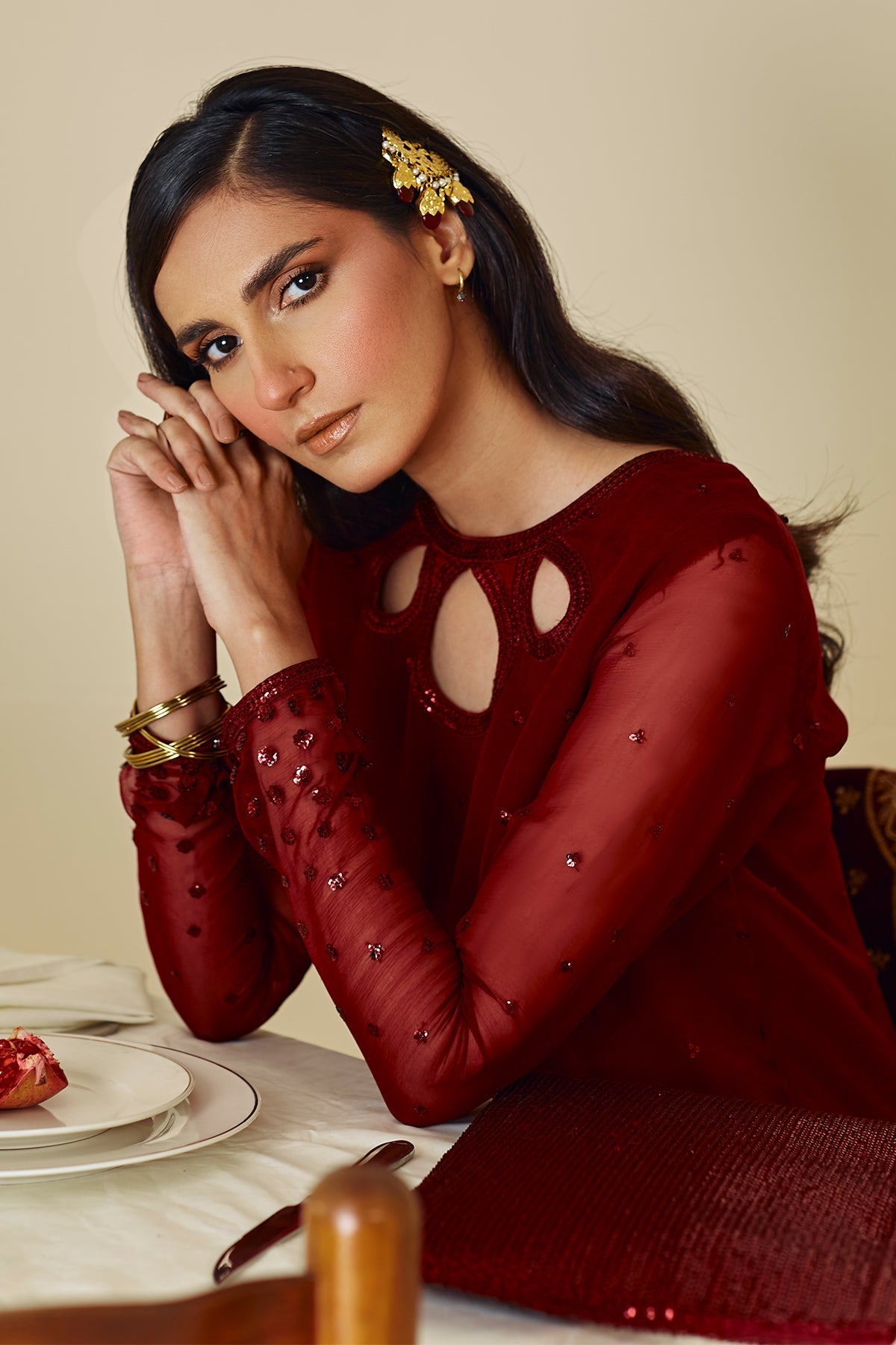 Pakistani Maroon Embroidered Chiffon Shirt with Silk Trouser (3-Piece) - Image 3