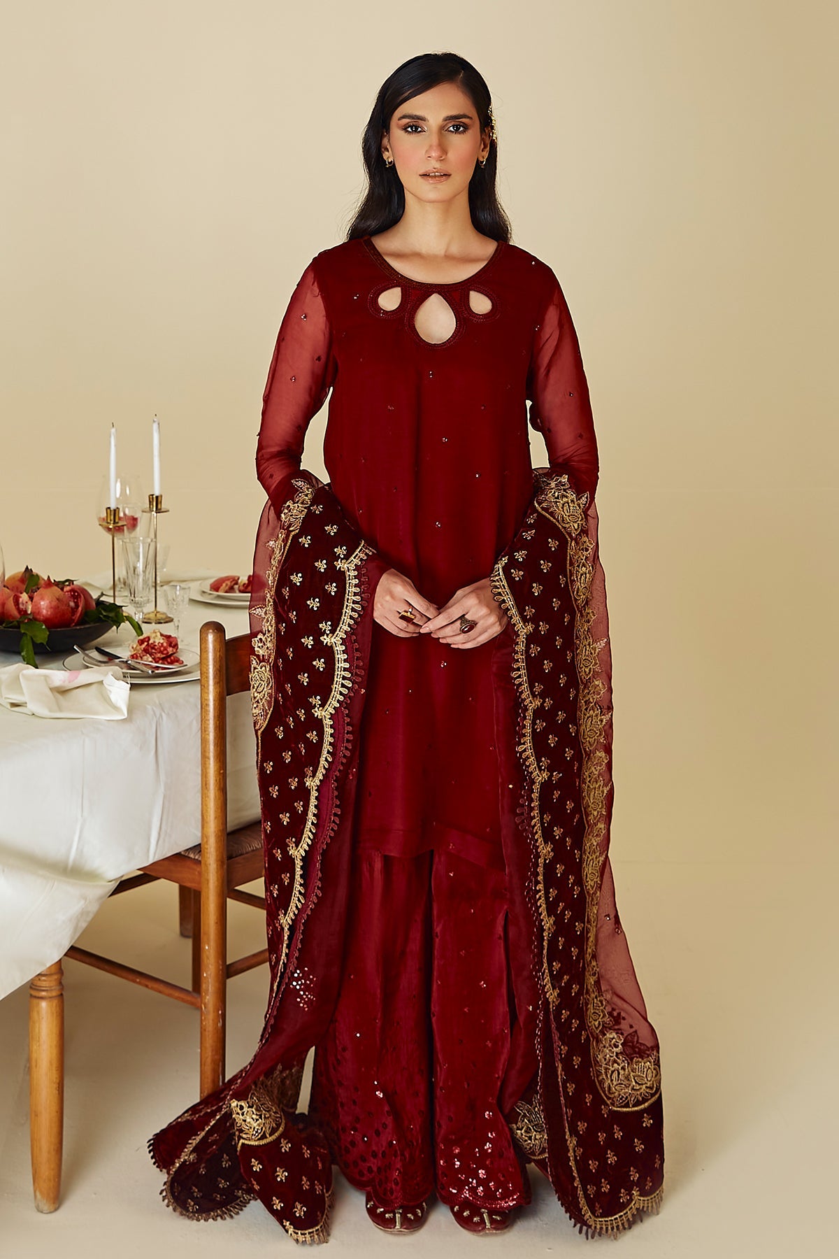 Pakistani Maroon Embroidered Chiffon Shirt with Silk Trouser (3-Piece) - Image 4