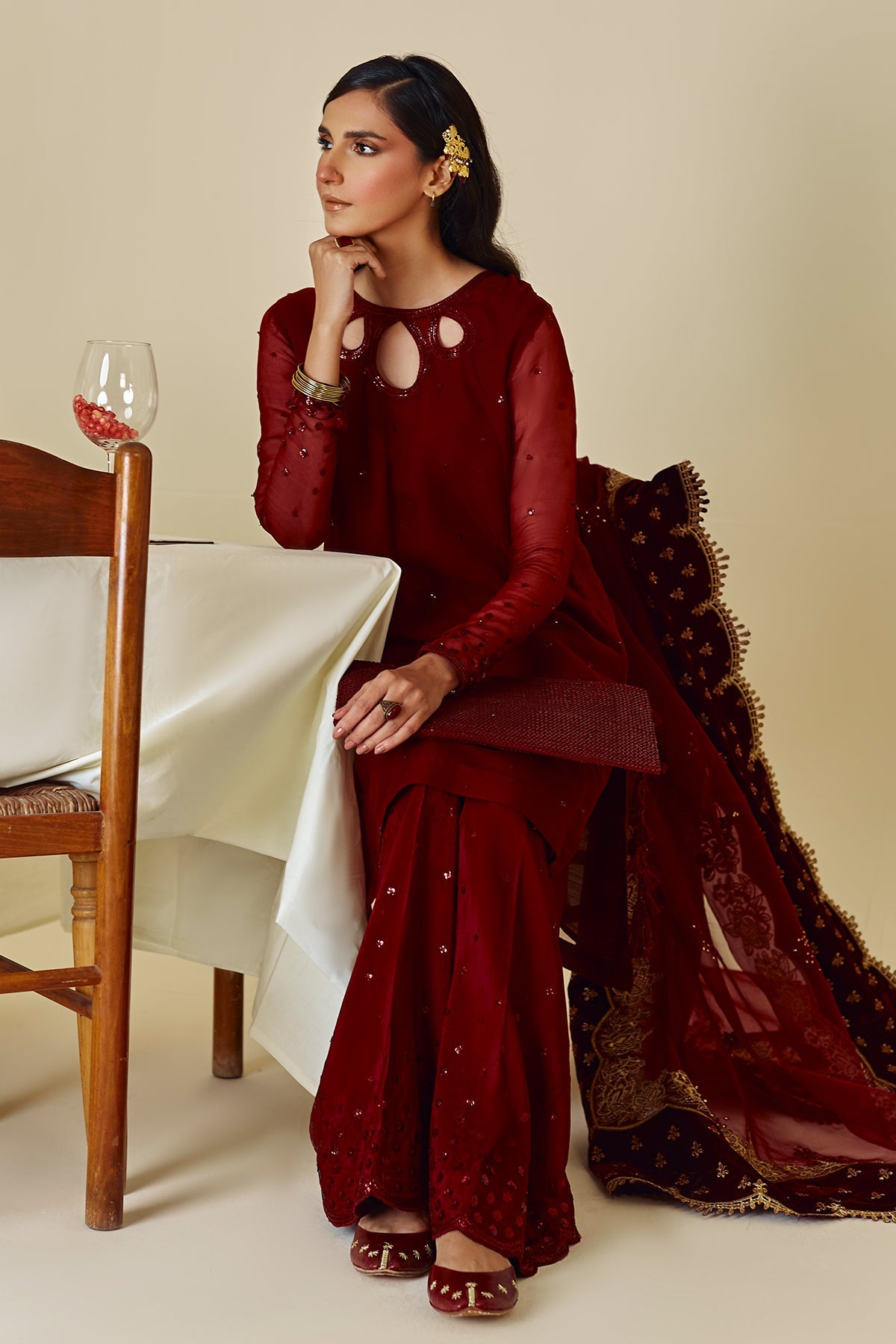 Pakistani Maroon Embroidered Chiffon Shirt with Silk Trouser (3-Piece) - Image 5