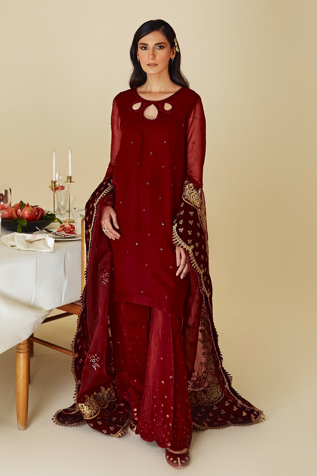 Pakistani Maroon Embroidered Chiffon Shirt with Silk Trouser (3-Piece) - Image 6