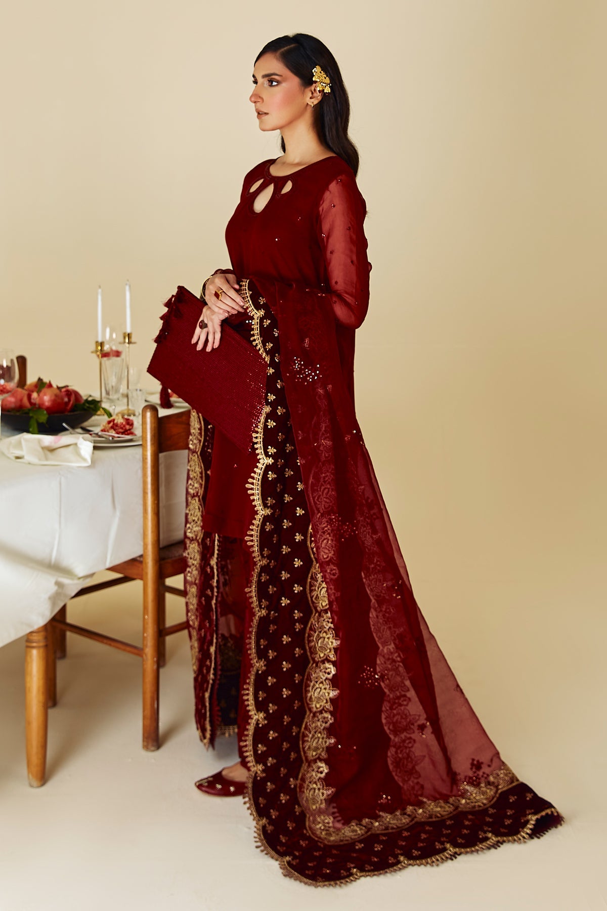 Pakistani Maroon Embroidered Chiffon Shirt with Silk Trouser (3-Piece) - Image 8