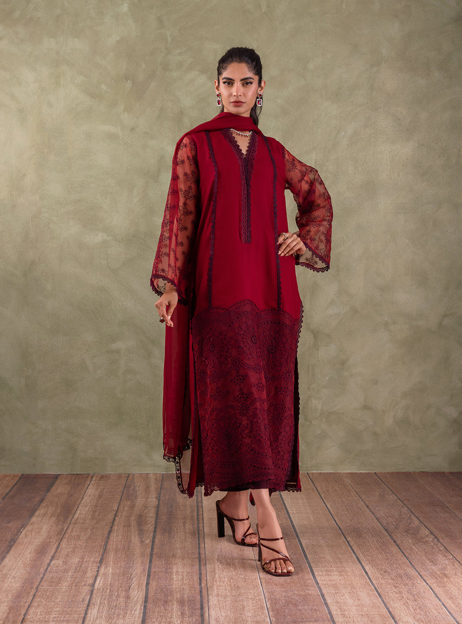 Maroon Chikankari Chiffon Salwar Kameez (3-Piece) - Image 1