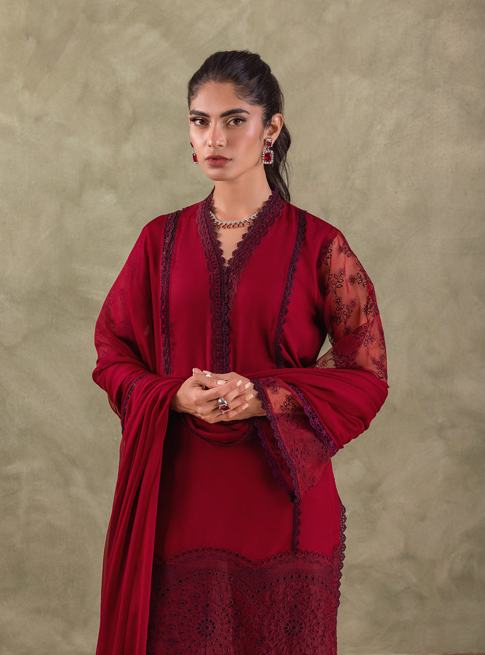 Maroon Chikankari Chiffon Salwar Kameez (3-Piece) - Image 3