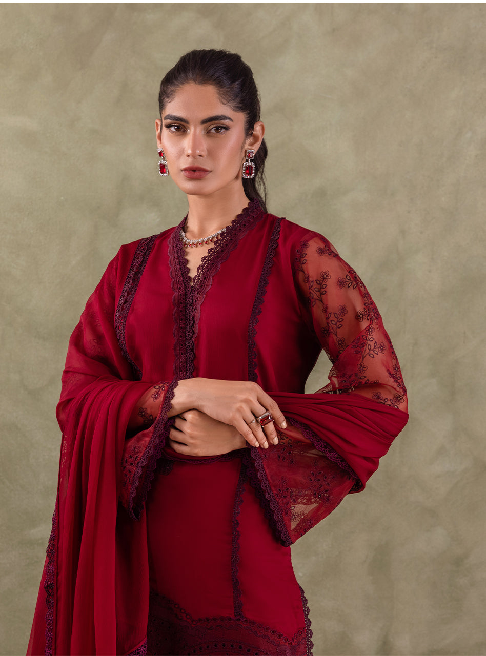 Maroon Chikankari Chiffon Salwar Kameez (3-Piece) - Image 4
