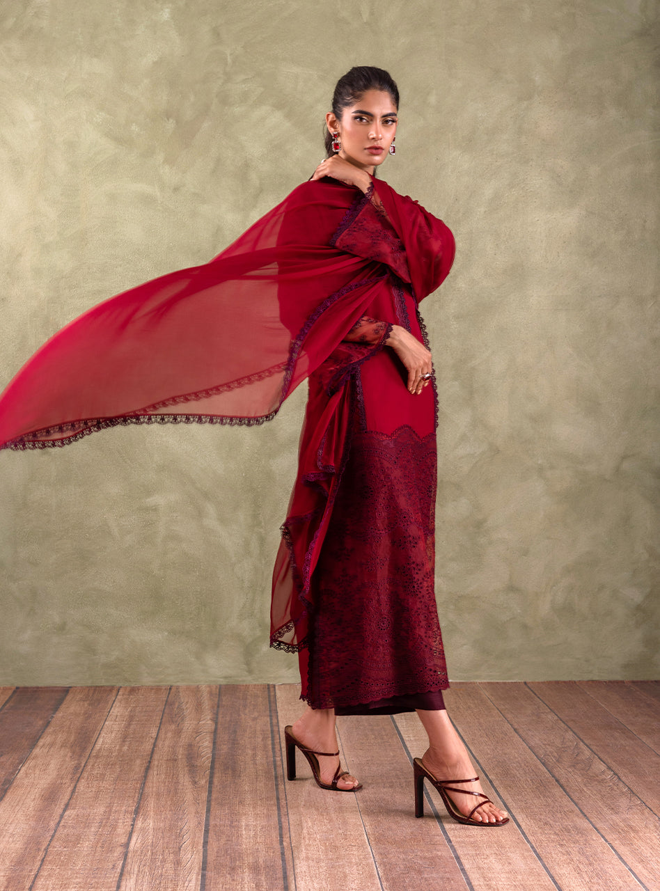 Maroon Chikankari Chiffon Salwar Kameez (3-Piece) - Image 8
