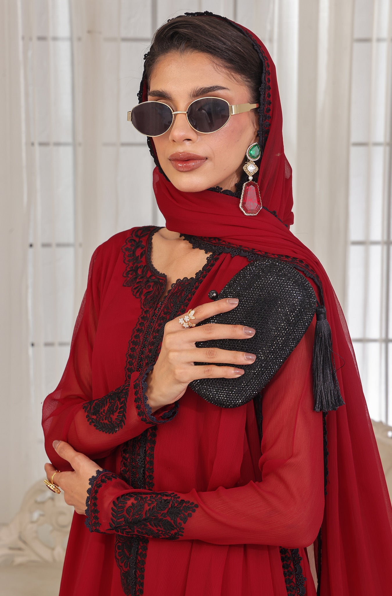 Maroon Embroidered Pure Chiffon Salwar Kameez (3-Piece) - Image 1