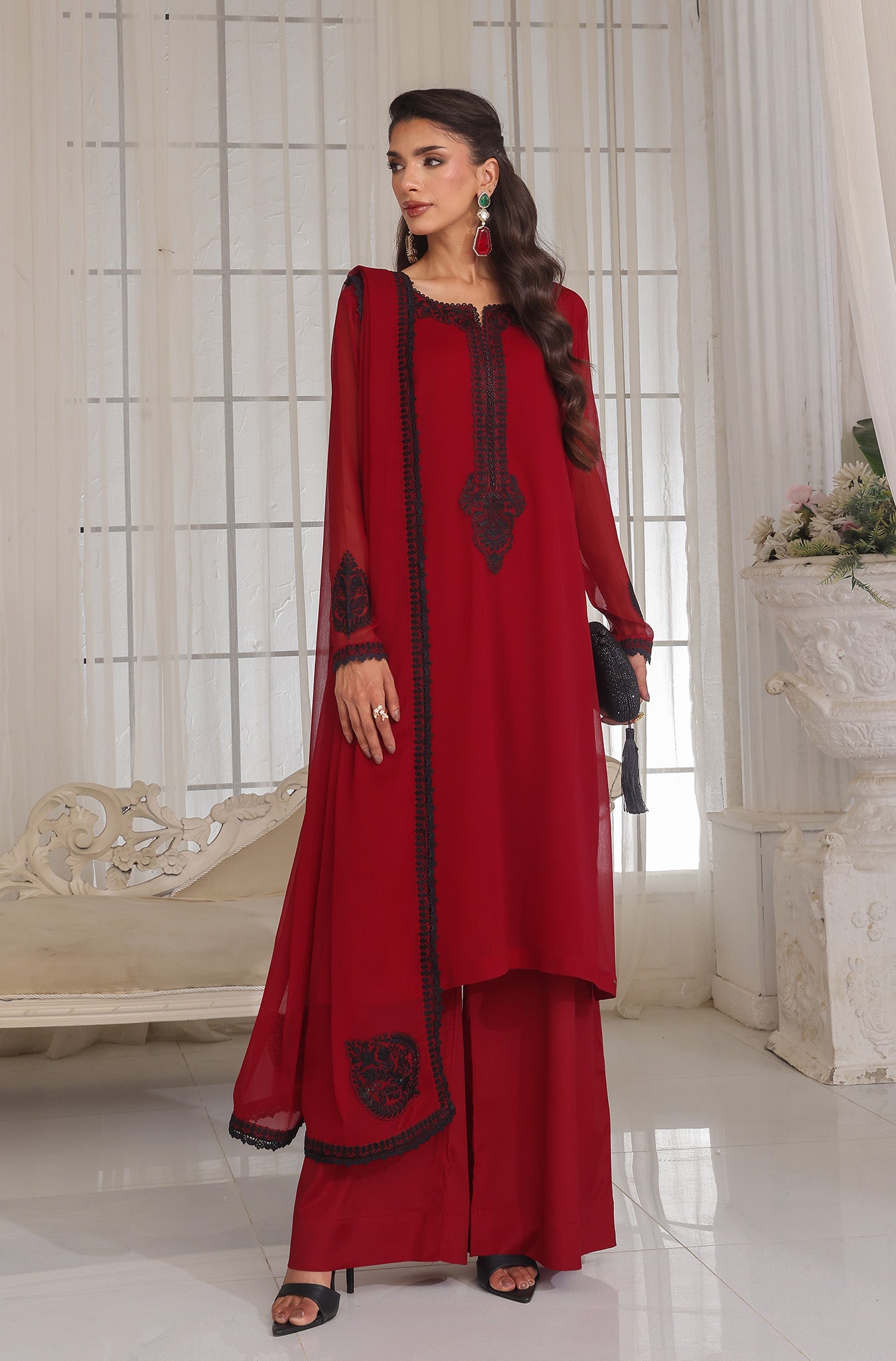Maroon Embroidered Pure Chiffon Salwar Kameez (3-Piece) - Image 4