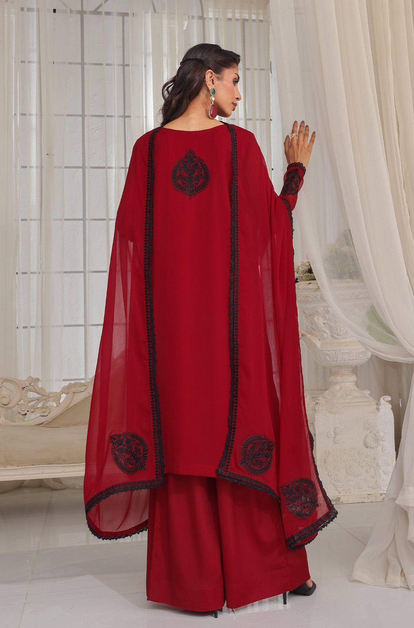 Maroon Embroidered Pure Chiffon Salwar Kameez (3-Piece) - Image 5