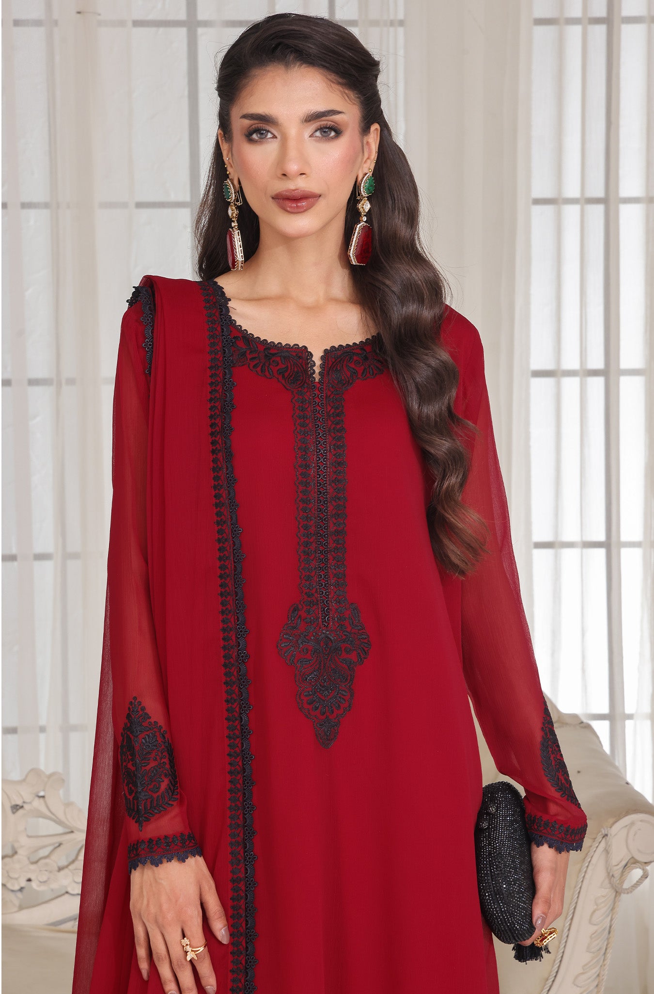 Maroon Embroidered Pure Chiffon Salwar Kameez (3-Piece) - Image 6