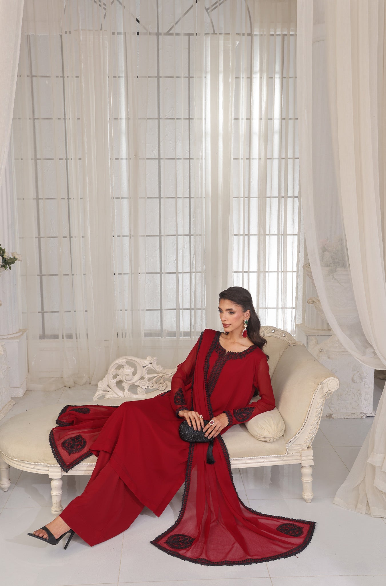 Maroon Embroidered Pure Chiffon Salwar Kameez (3-Piece) - Image 7