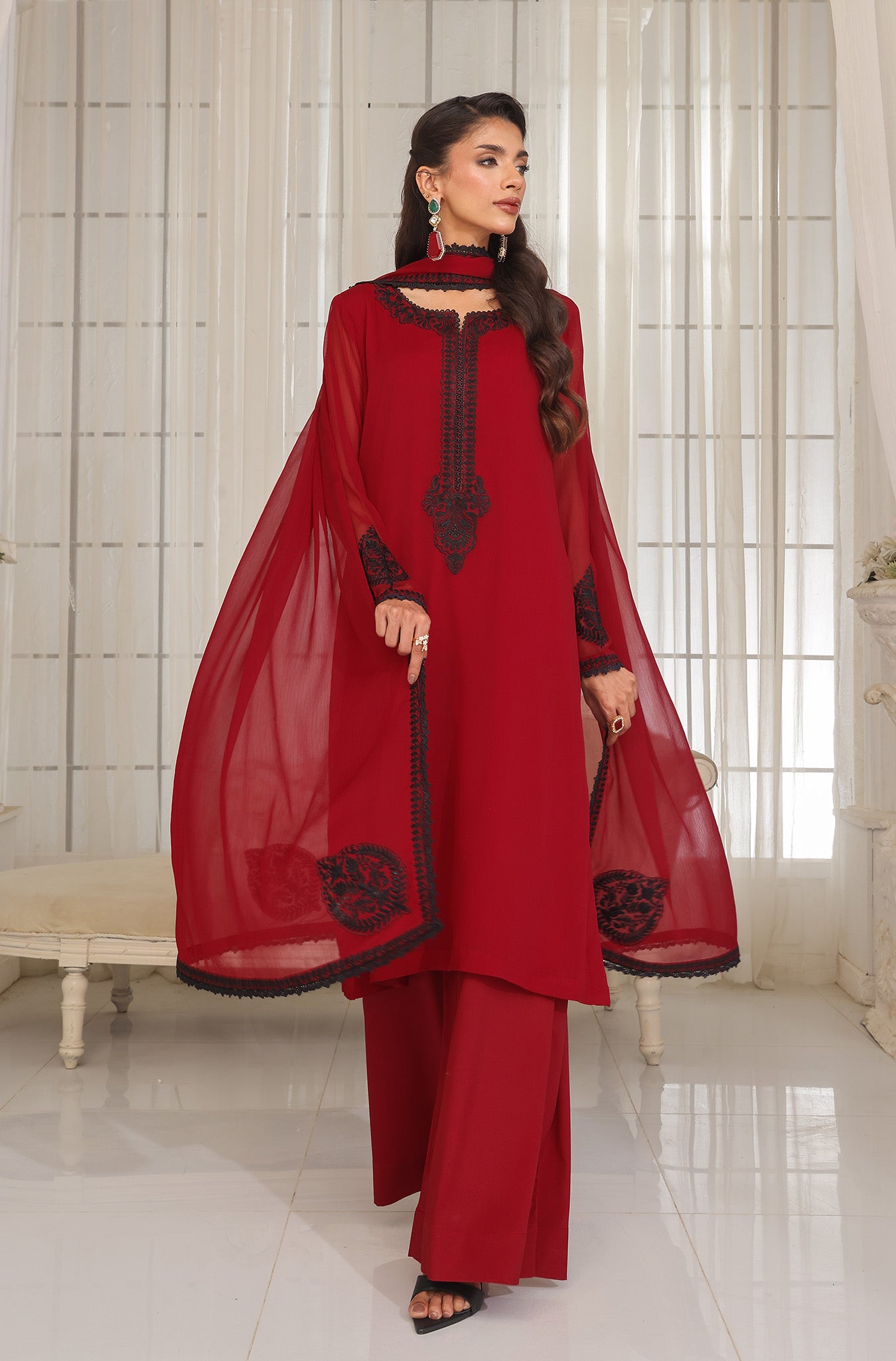 Maroon Embroidered Pure Chiffon Salwar Kameez (3-Piece) - Image 8