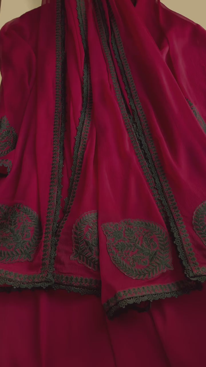 Maroon Embroidered Pure Chiffon Salwar Kameez (3-Piece) - Image 9