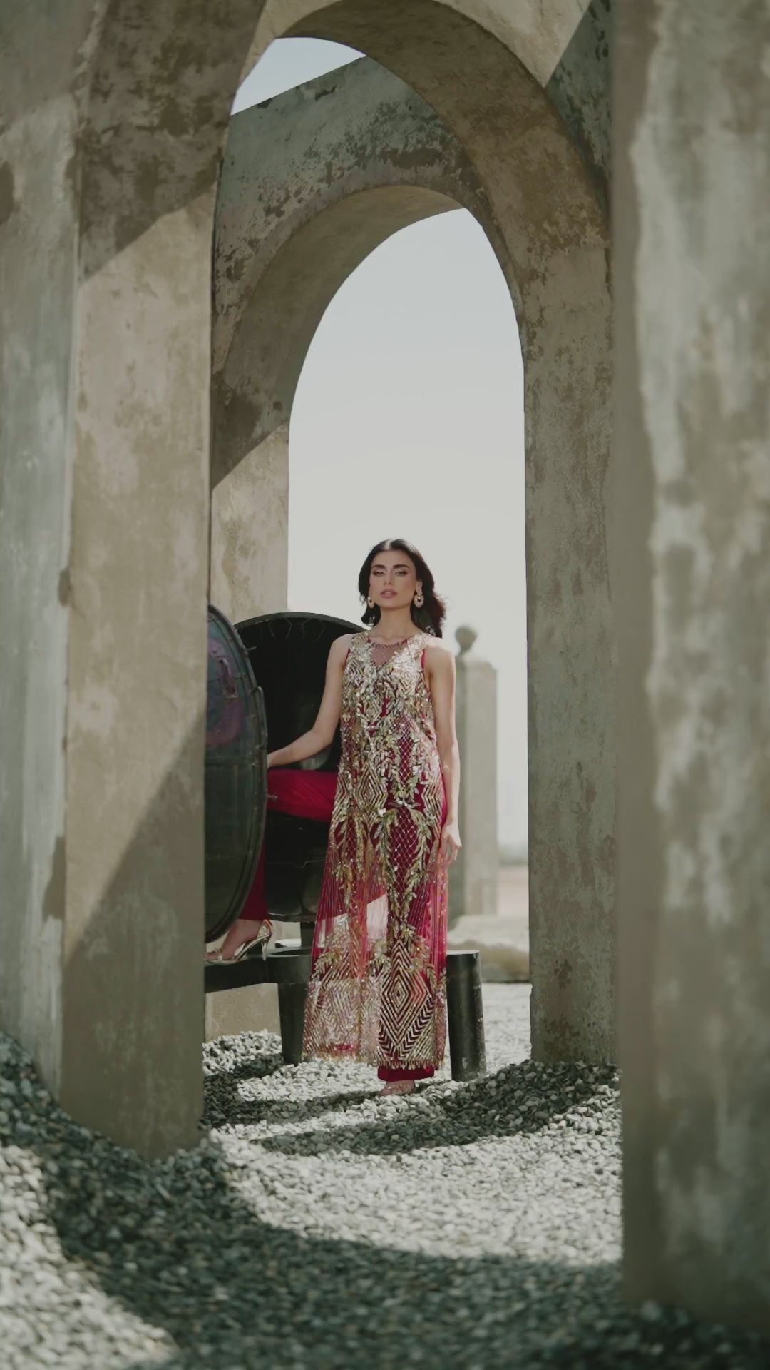 Maroon Gold Embroidered Chiffon Salwar Kameez (2-Piece) - Image 10