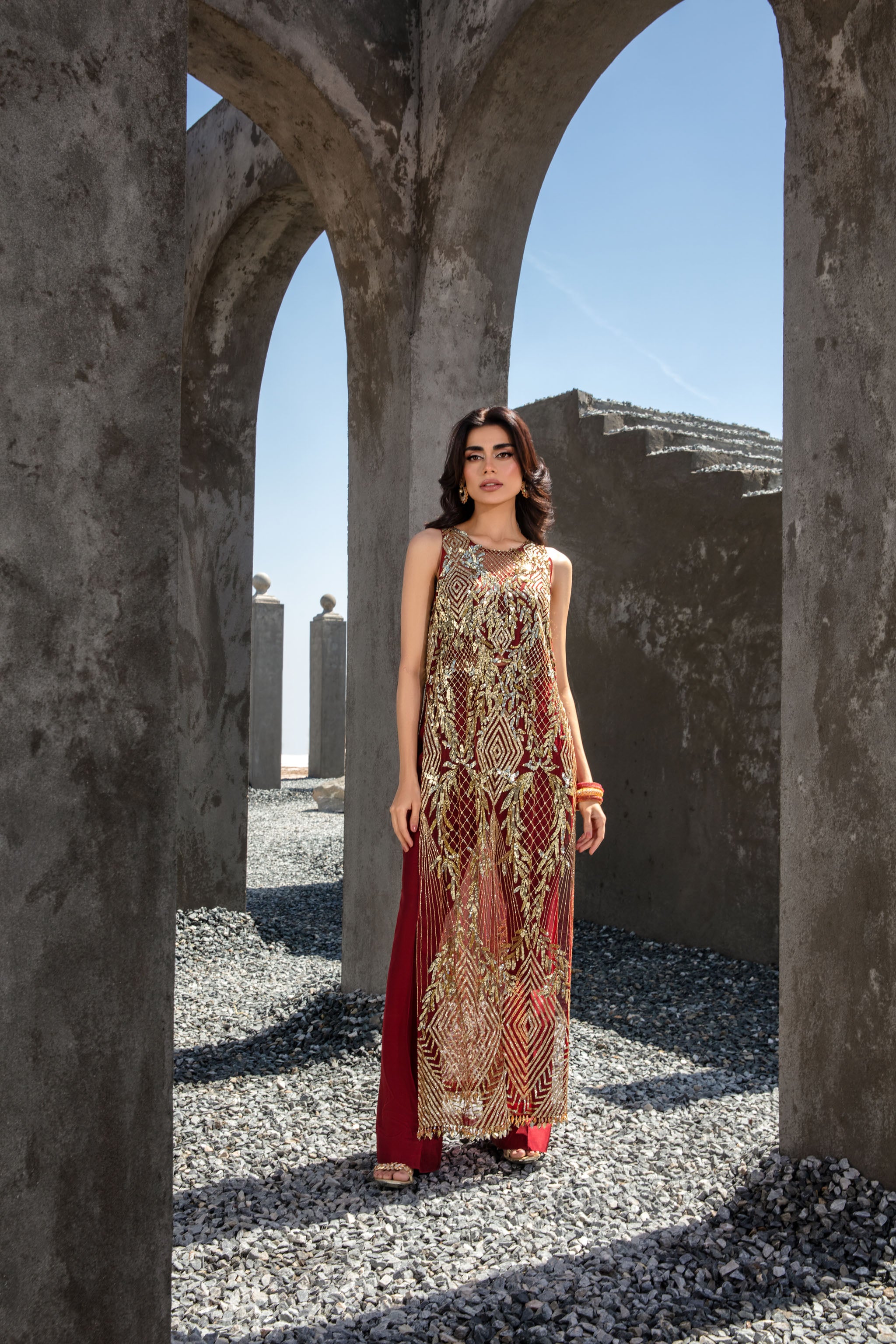 Maroon Gold Embroidered Chiffon Salwar Kameez (2-Piece) - Image 3