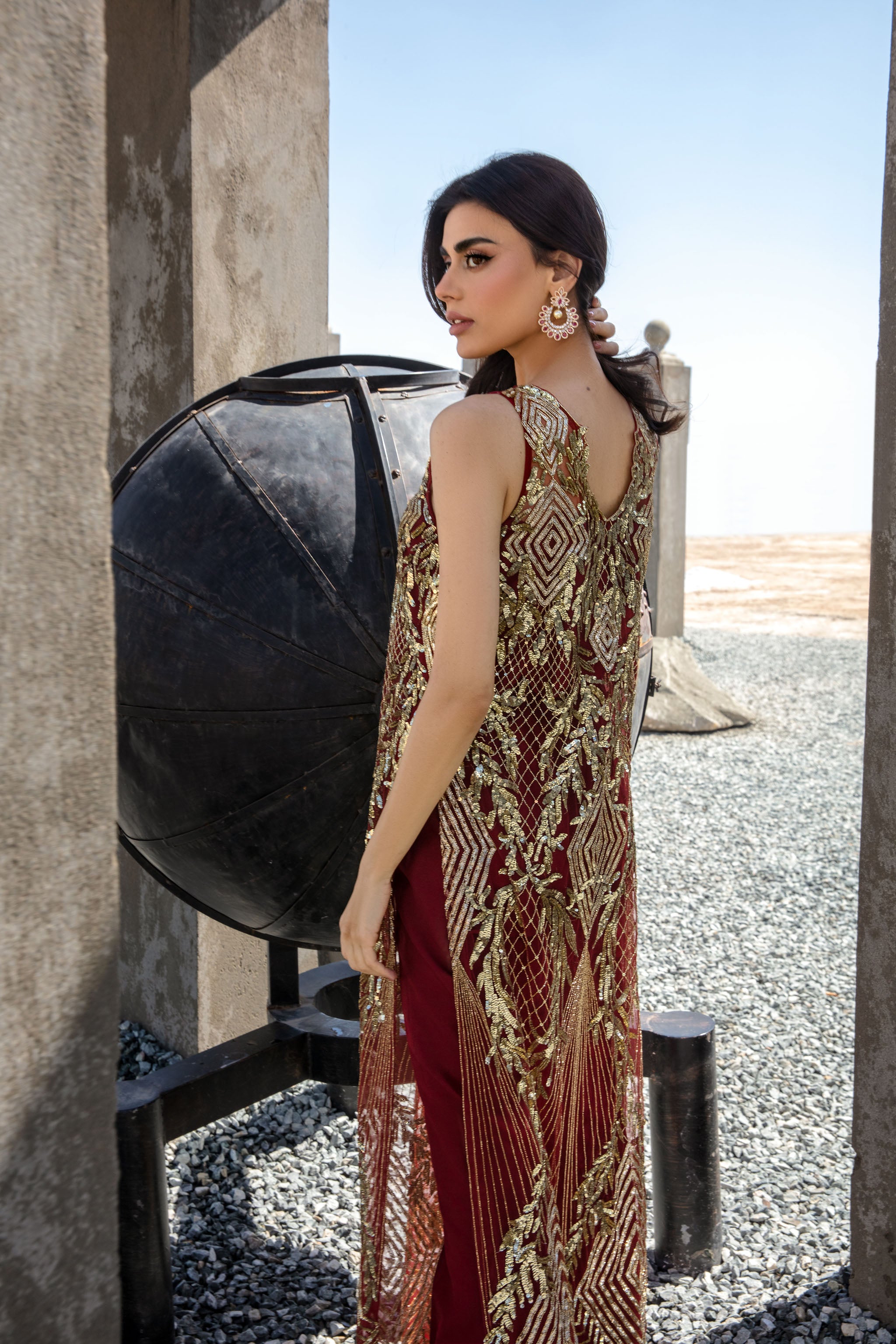 Maroon Gold Embroidered Chiffon Salwar Kameez (2-Piece) - Image 5