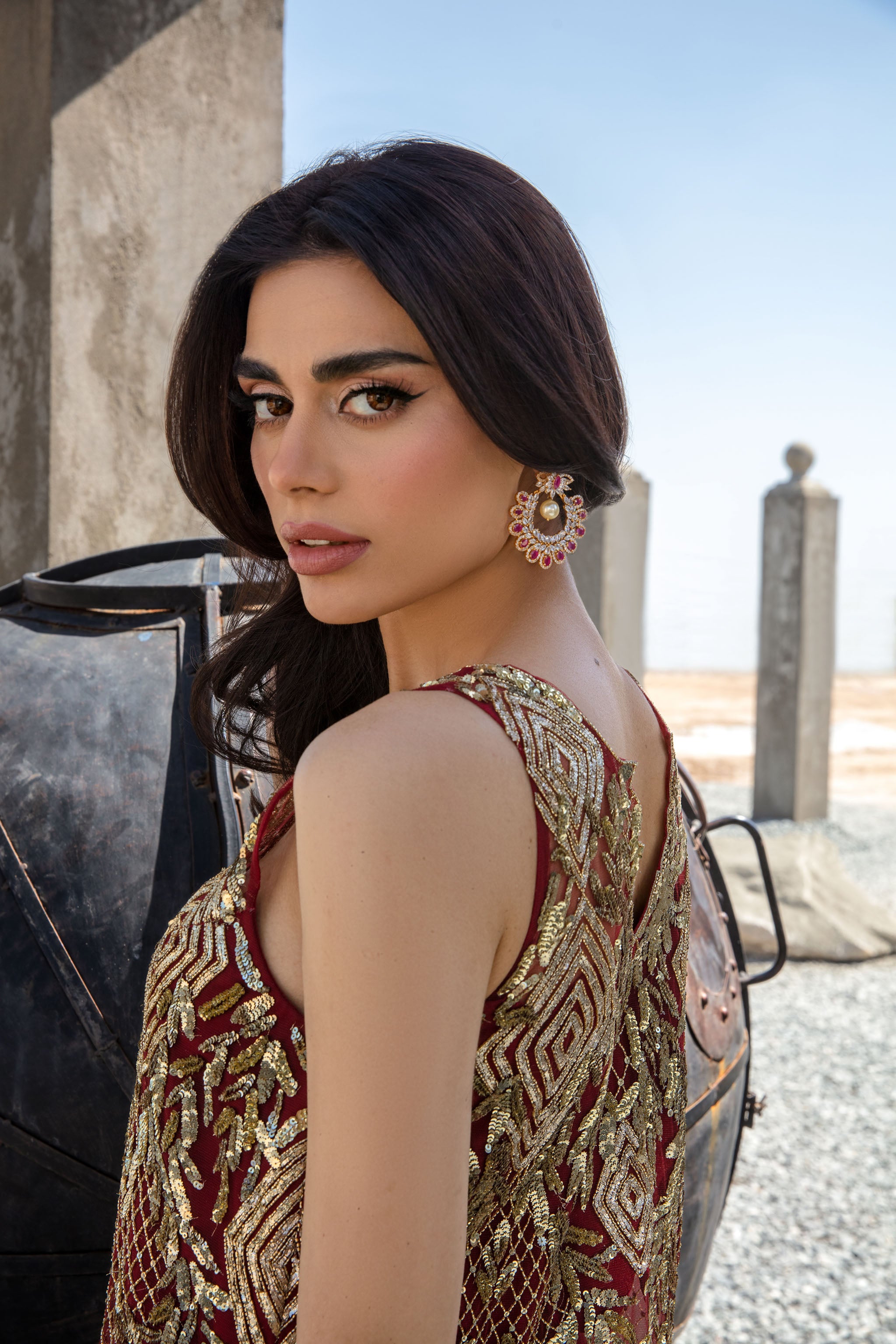 Maroon Gold Embroidered Chiffon Salwar Kameez (2-Piece) - Image 6