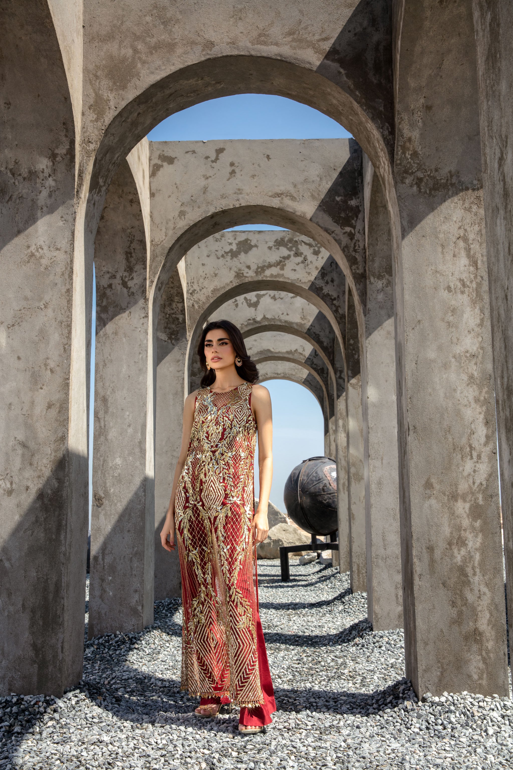 Maroon Gold Embroidered Chiffon Salwar Kameez (2-Piece) - Image 8